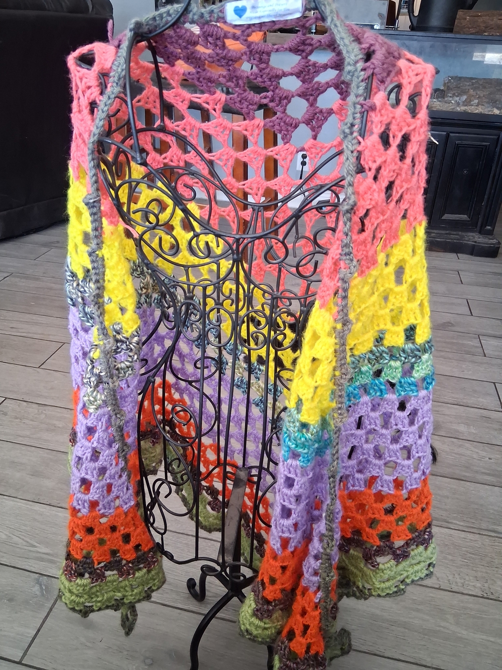 Boho Multicolor Crochet Open-Front Poncho Shrug